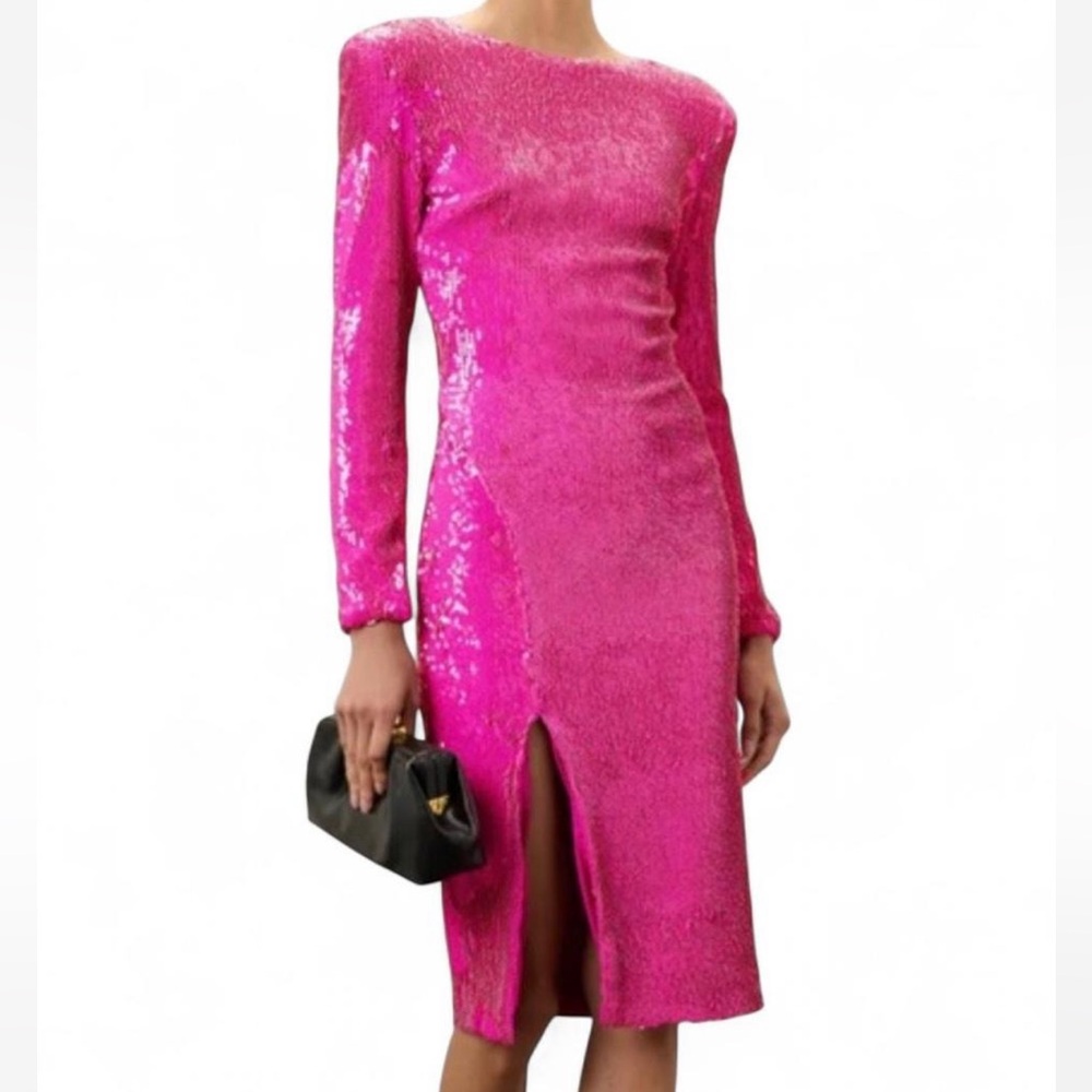 Dress the Population Hot Pink Sequin Long-Sleeve Midi Dress with Front Slit